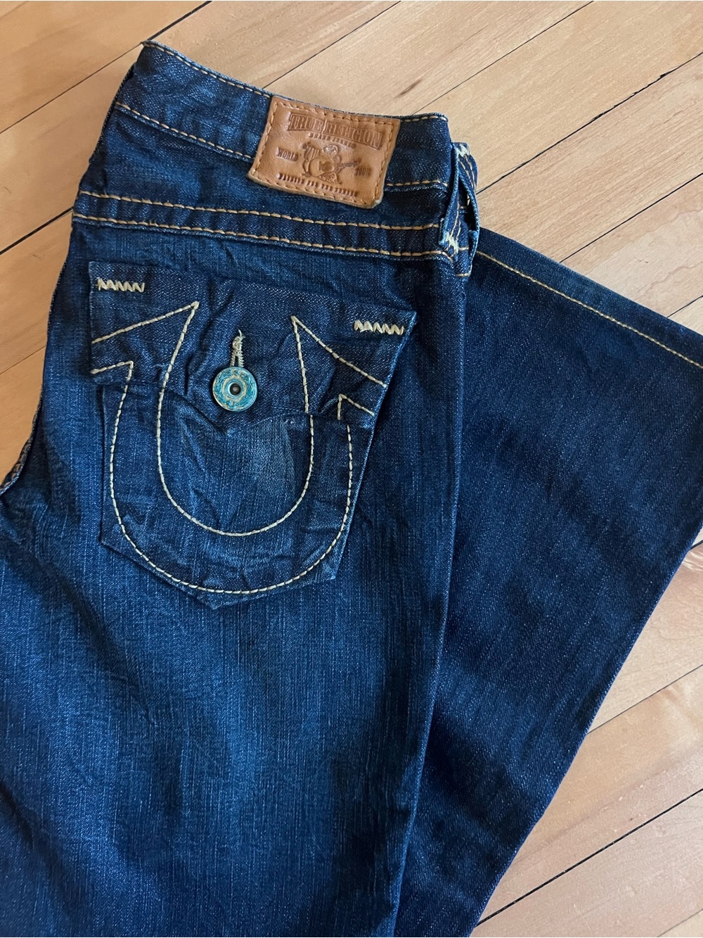 True Religion Women's Dark Blue Bootcut Jeans with Signature Horseshoe Pocket